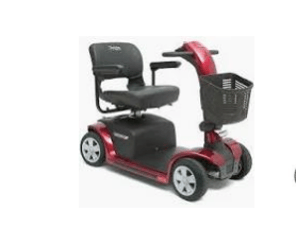 Red mobility scooter with black seat and front basket on a white background
