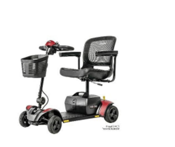 Black mobility scooter with mesh seat, front basket, and four wheels on a white background
