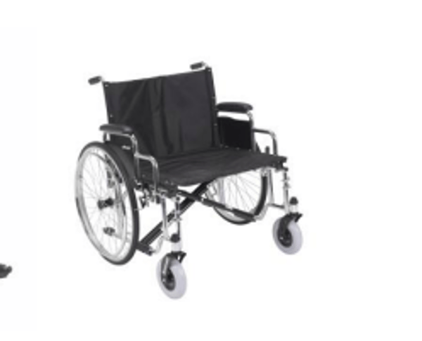 Black wheelchair with large rear wheels and front casters on a white background