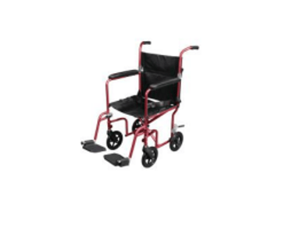 Red and black wheelchair with footrests on a white background