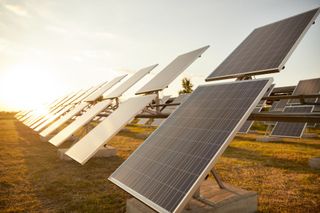 Solar panels angled toward the sun in a field. Golden sunlight. Solar panels angled toward the sun in a field. Golden sunlight.