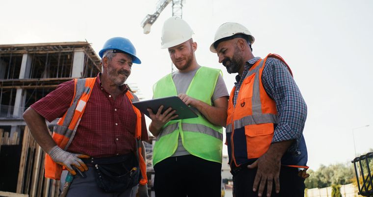 Construction workers looking at a tablet on a building site, wearing hard hats and safety vests. Construction workers looking at a tablet on a building site, wearing hard hats and safety vests.