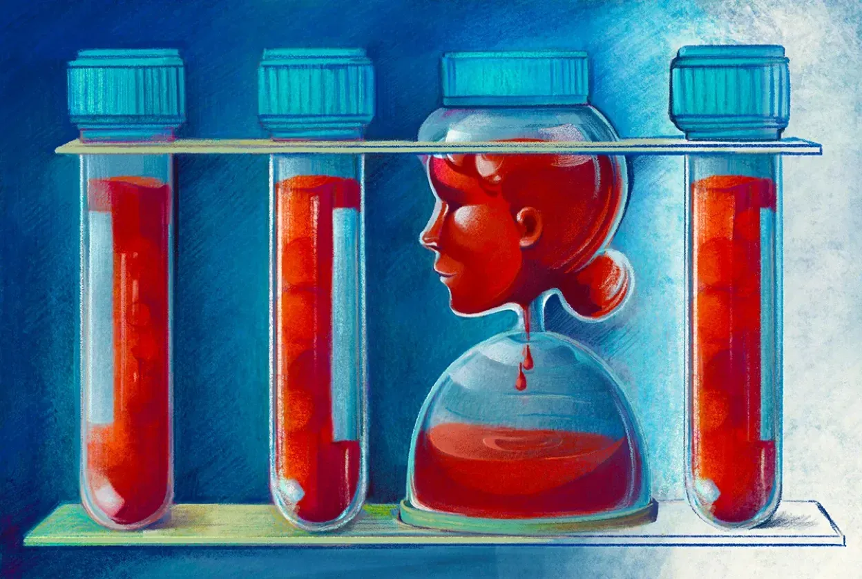 Tubes of blood, one looks like an hourglass but with a woman's head