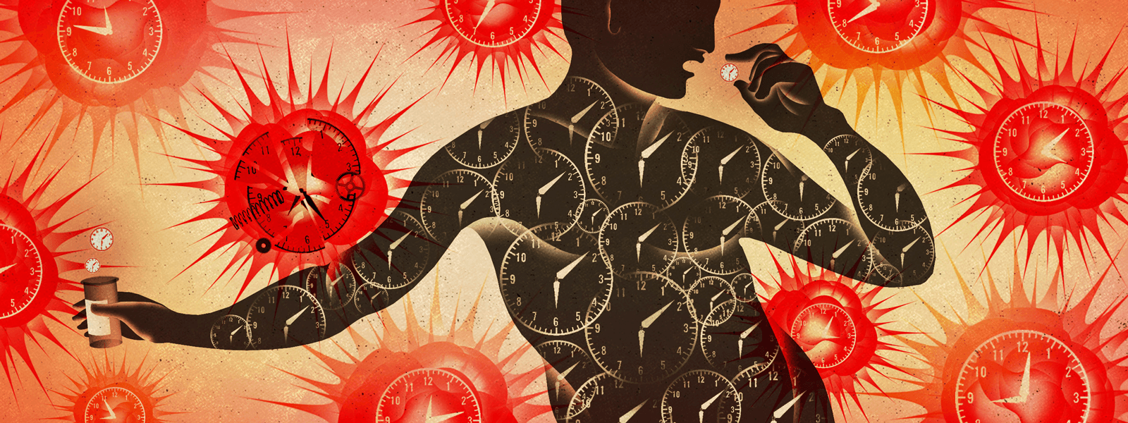 Illustration of clocks and pill-taking