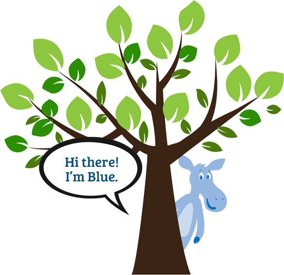 Cartoon tree with green leaves; blue elephant peeks out saying, “Hi there! I’m Blue.”