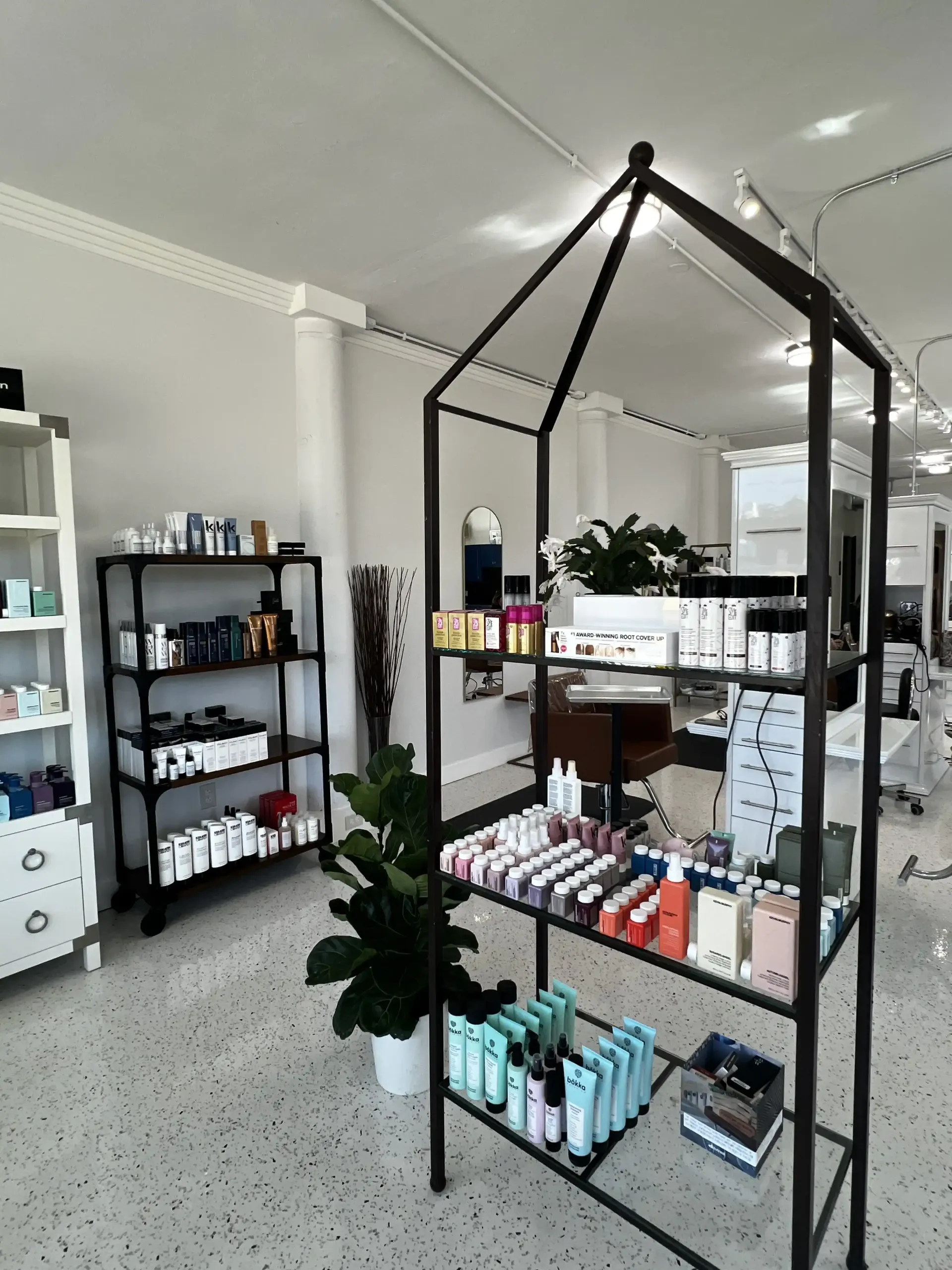 A store filled with lots of cosmetics and a plant.