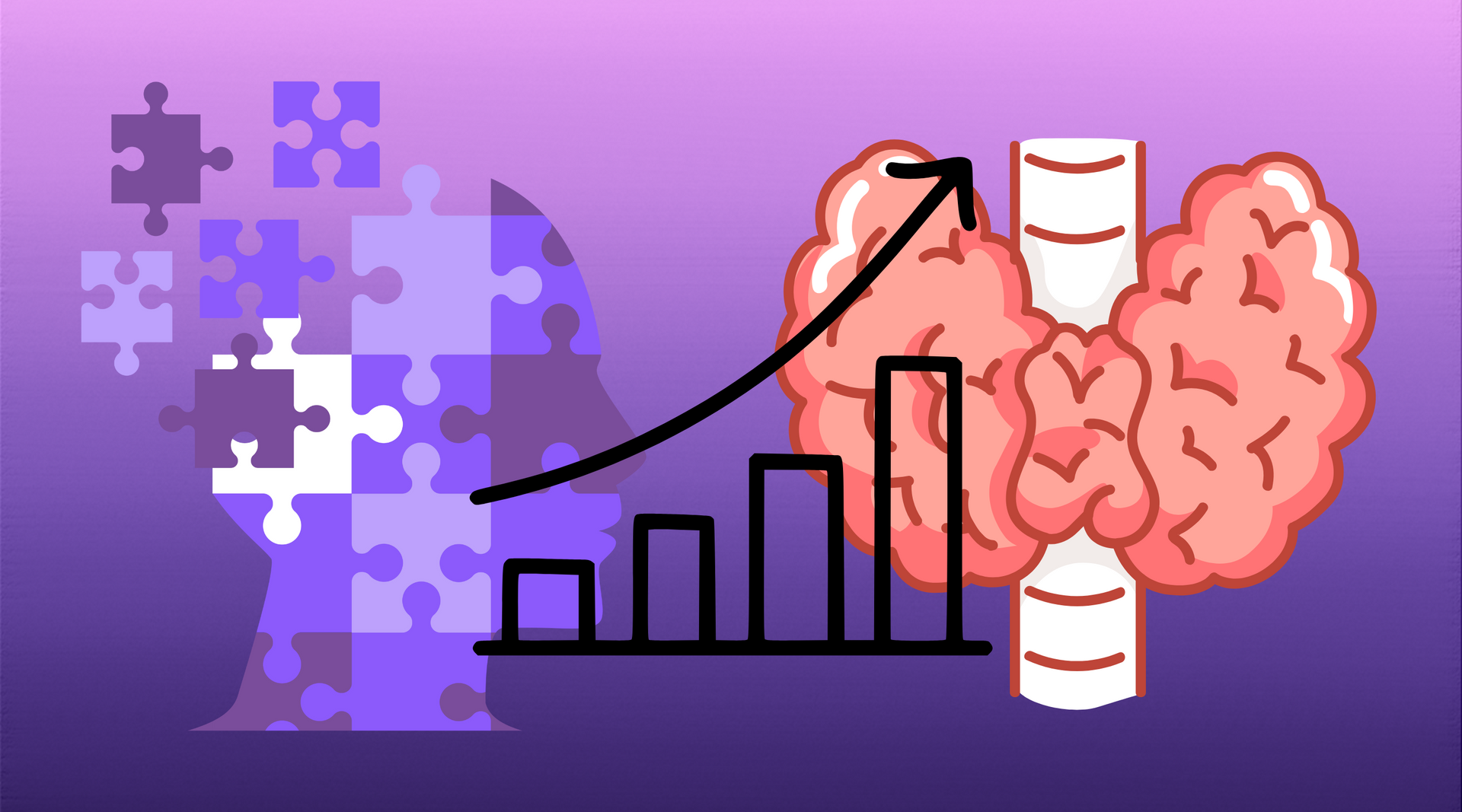 Illustration of a brain made of puzzle pieces, rising bar graph, and thyroid icon representing women