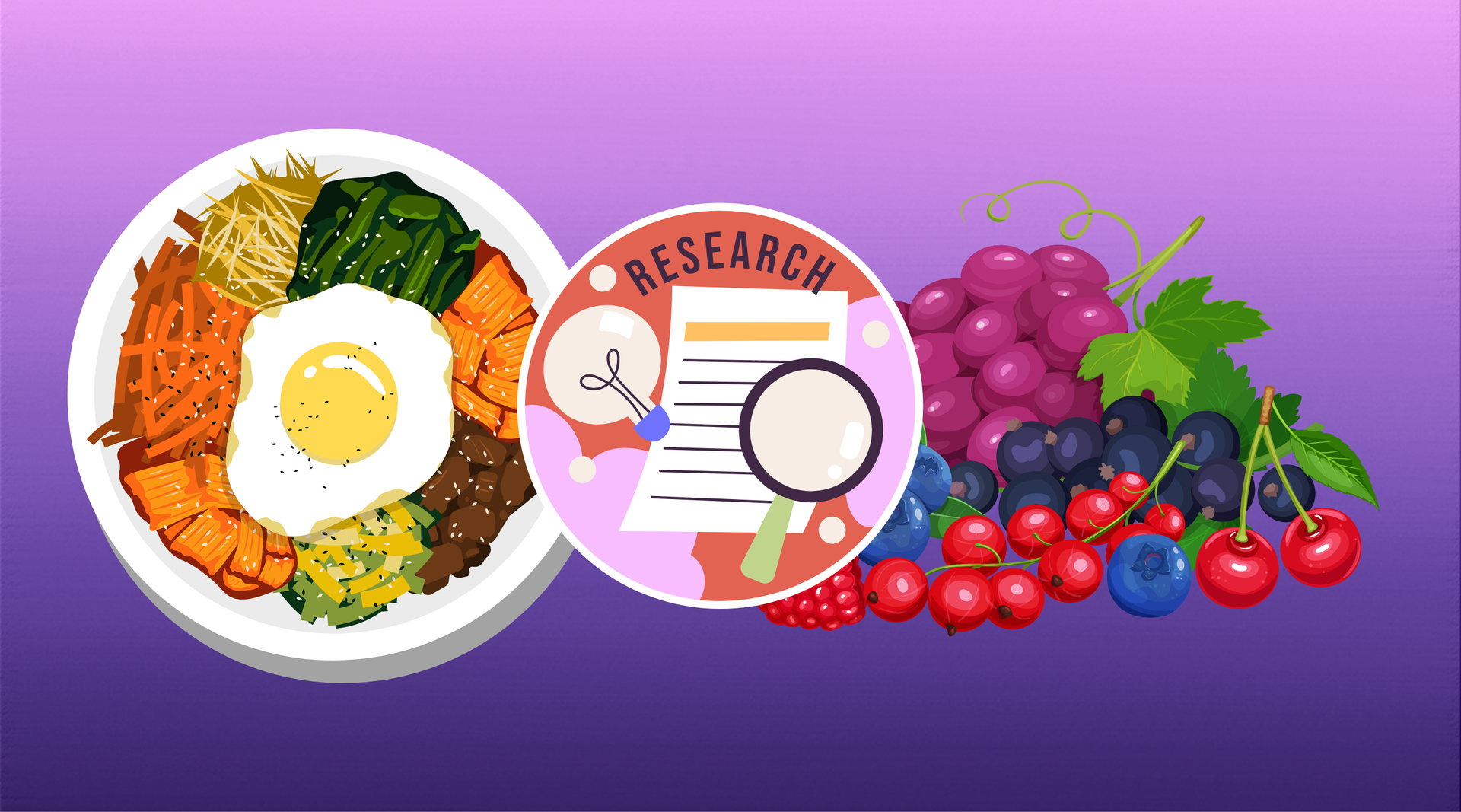Icons of research tools, berries, and a plate of colorful veggies on a purple background.
