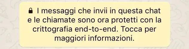 Messaggio WhatsApp che avvisa delle crittografia end-to-end nella conversazione Messaggio WhatsApp che avvisa delle crittografia end-to-end nella conversazione