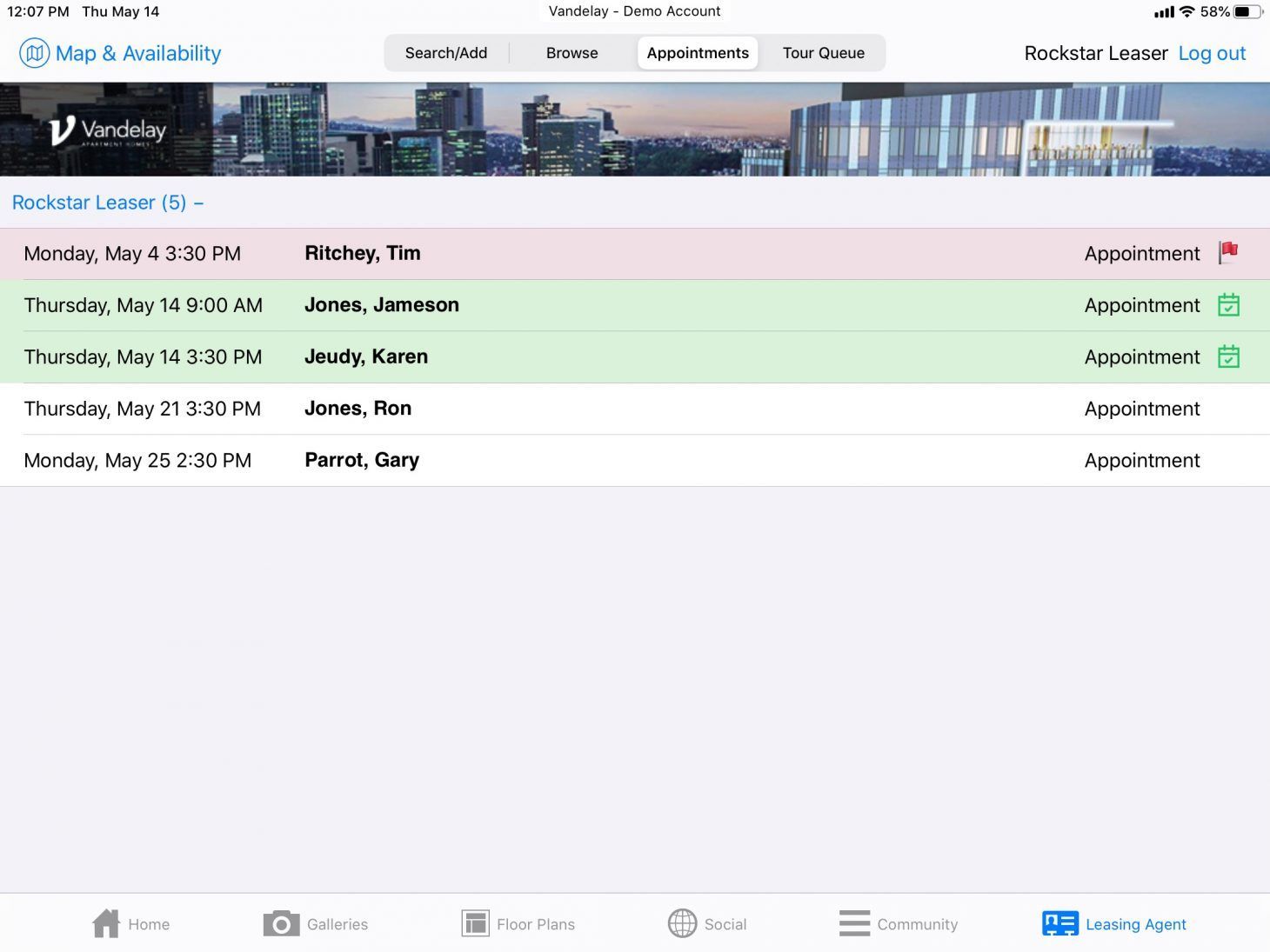 A screenshot of a website showing a list of appointments.