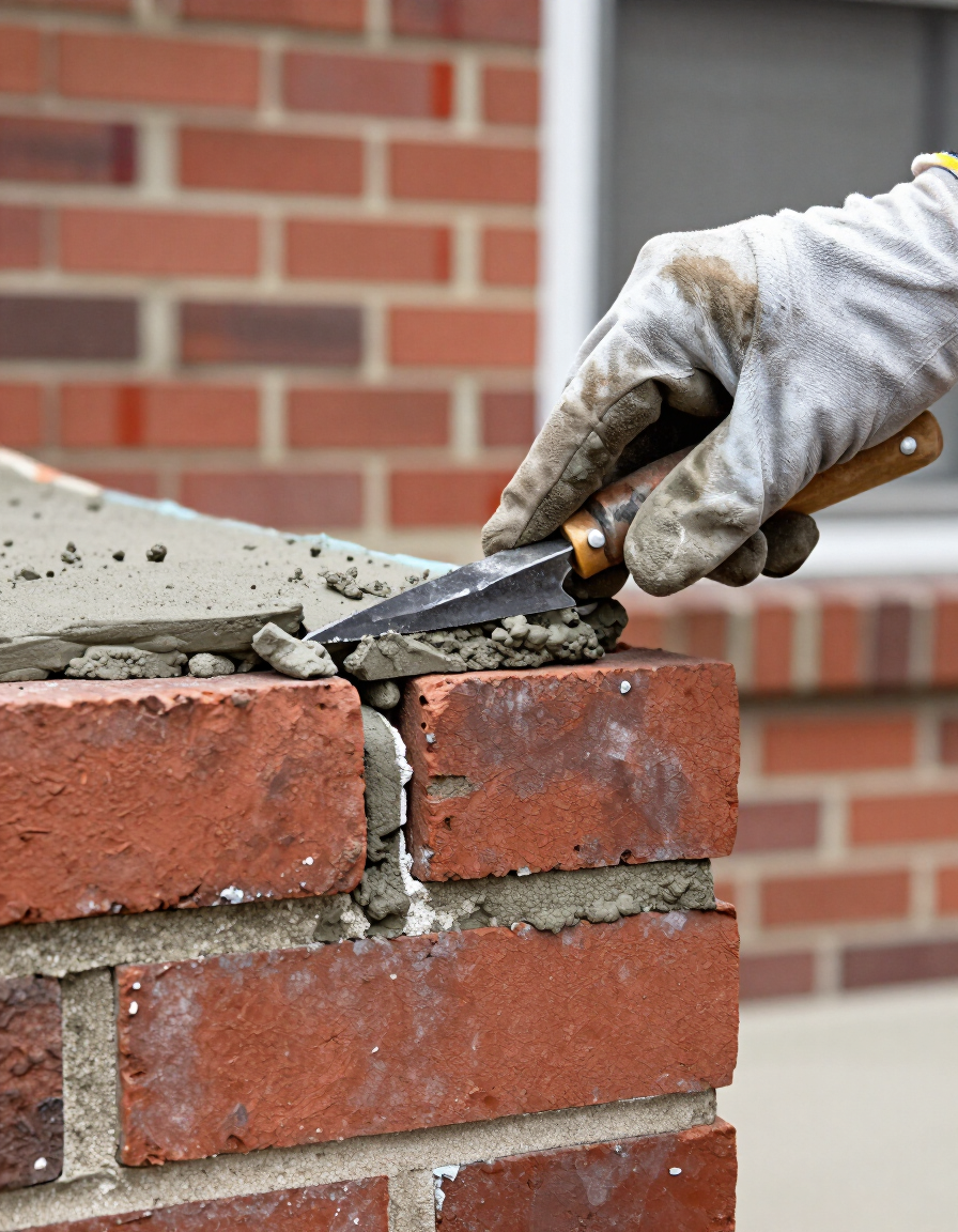 Gloved hand applying mortar between red bricks on a brick wall.
