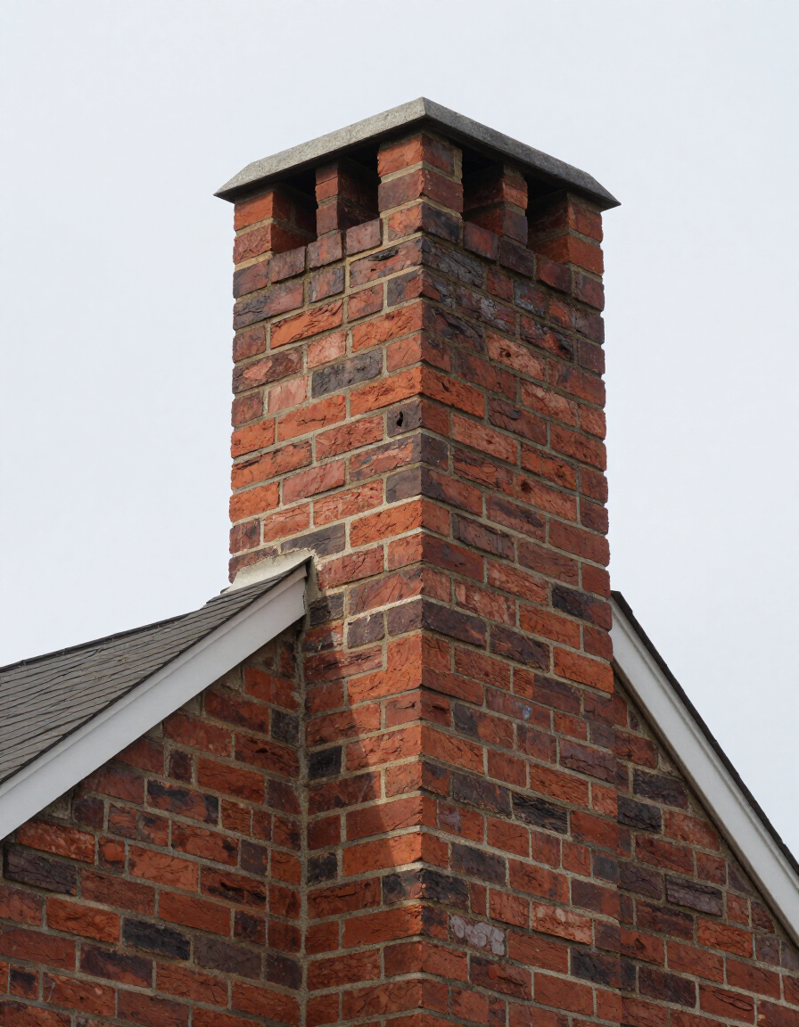 Red brick chimney with a metal cap on a house roof against a gray sky