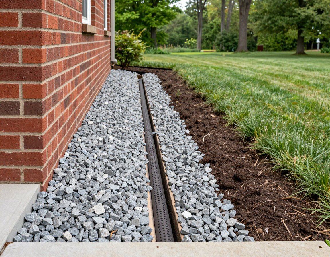 Brick house wall with gravel drainage strip and black channel beside a green lawn