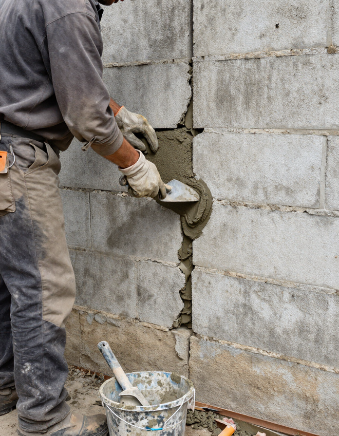 Worker applying wet mortar to a cinder block wall with a trowel near a bucket of mix.