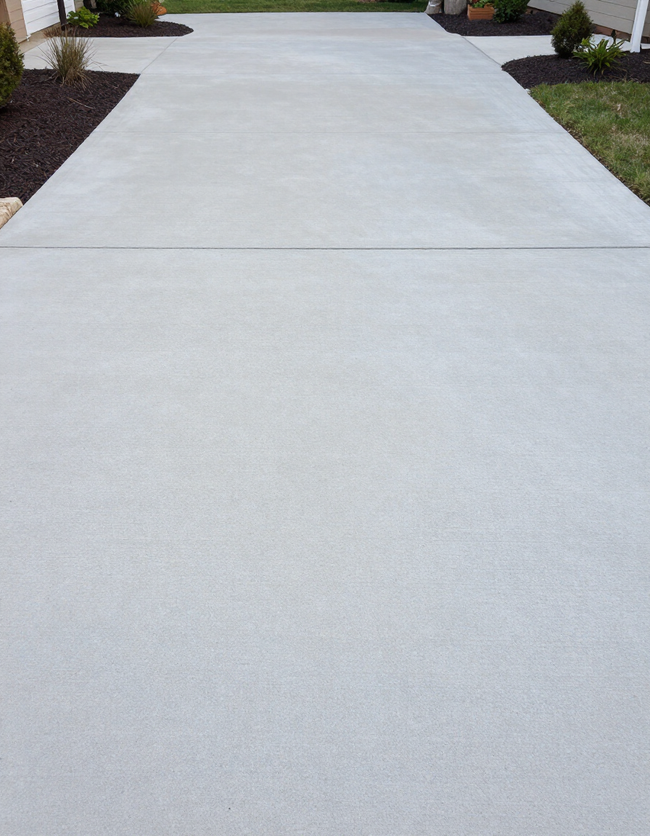 Concrete driveway leading to a house, bordered by dark mulch and small plants