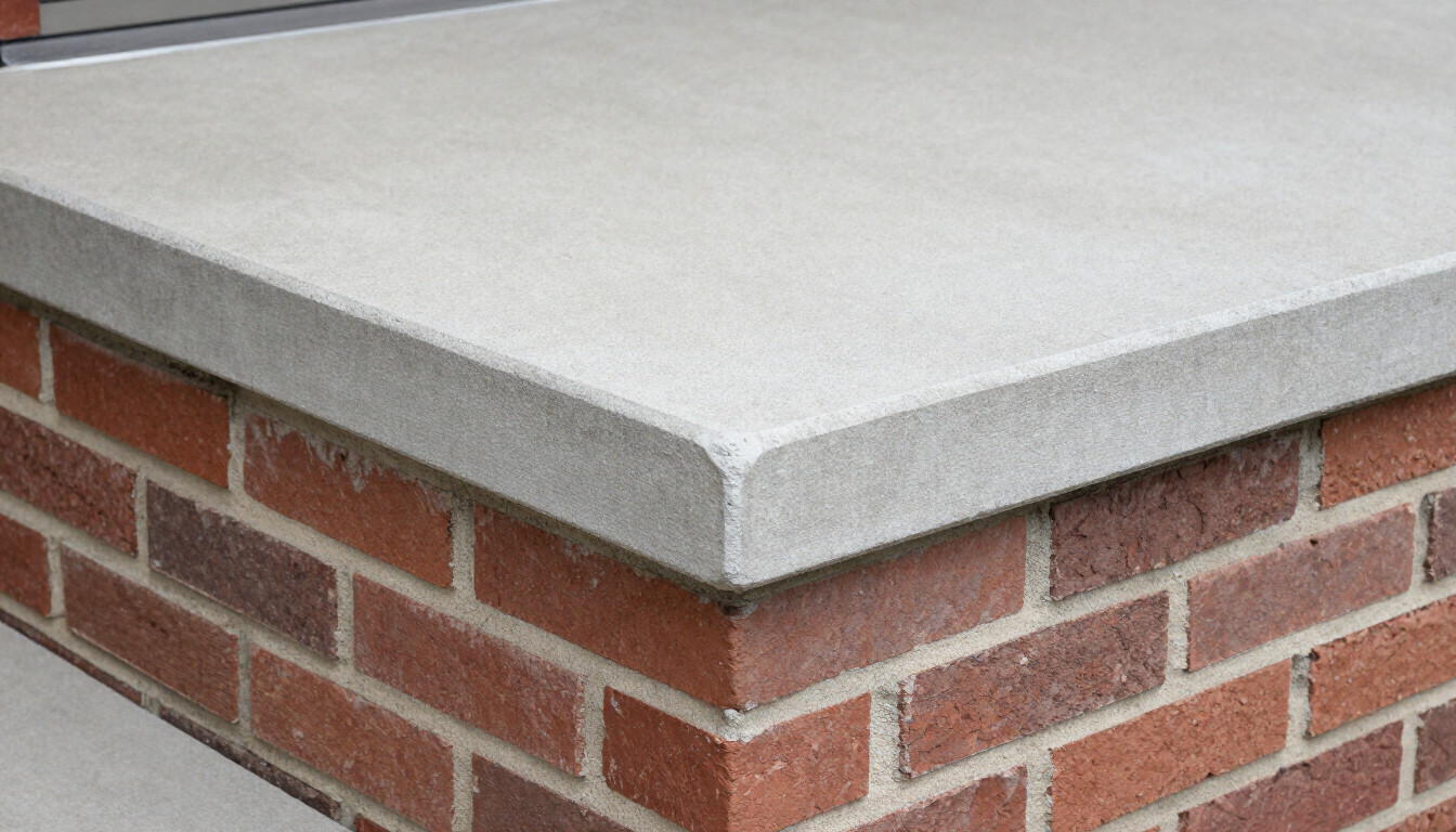 Brick corner capped with smooth gray concrete ledge