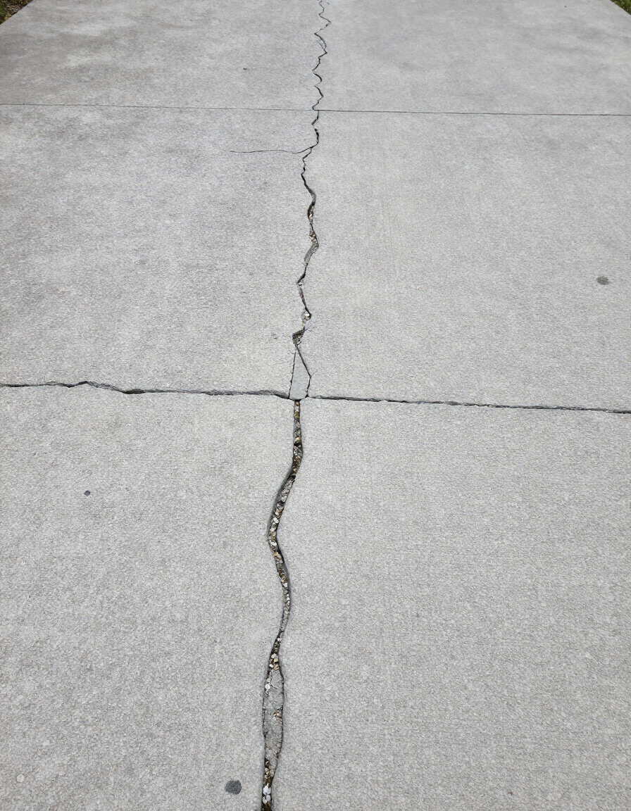 Cracked concrete sidewalk with a long jagged seam running vertically through the center.