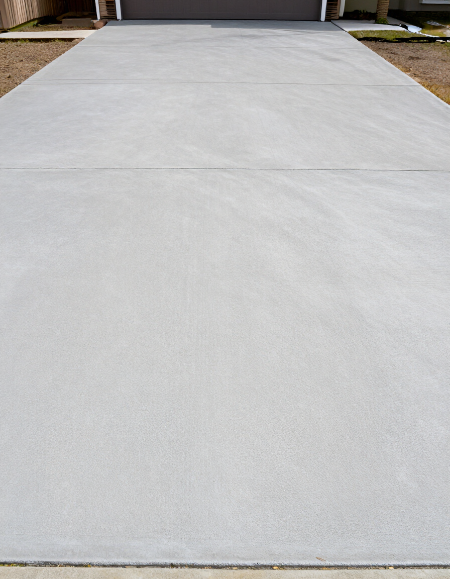 Concrete driveway leading to a garage, bordered by gravel on both sides.