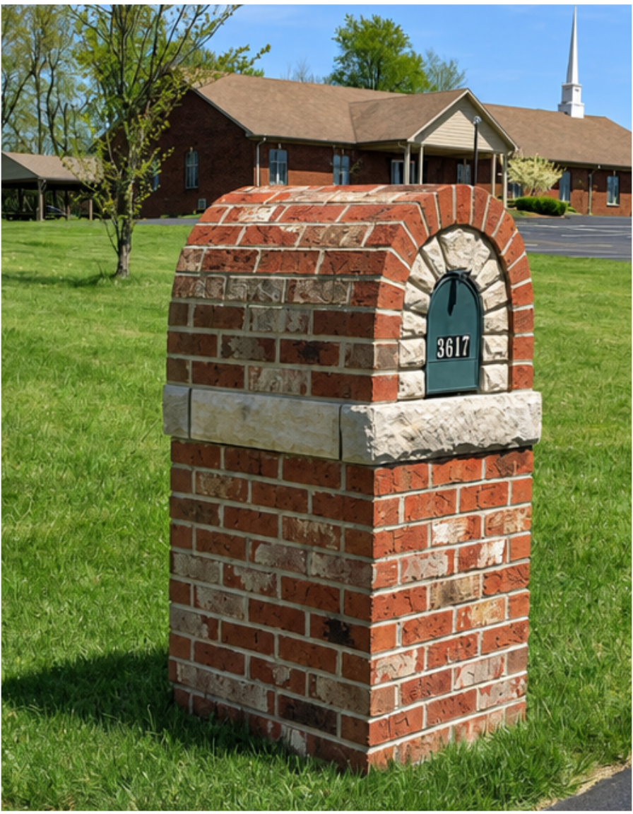 Brick mailbox with arched blue door on a grassy lawn in front of a house