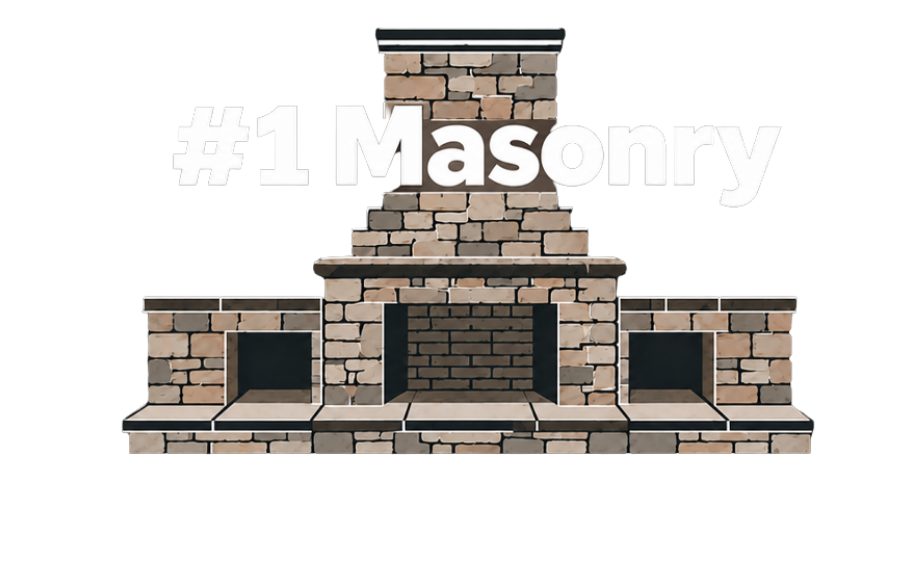 Stone outdoor fireplace with built-in side shelves and 