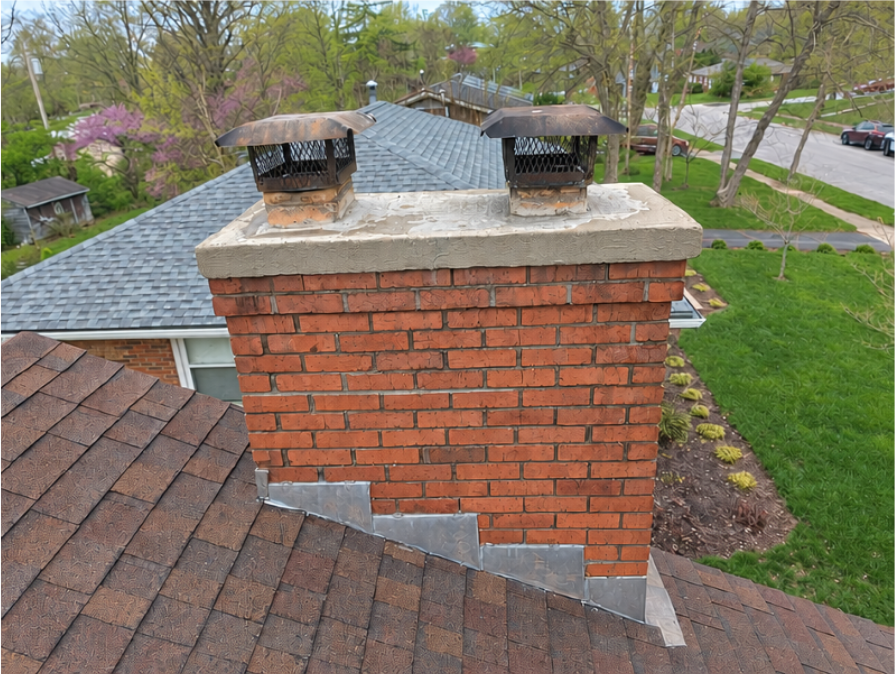Red brick chimney with twin metal vents on a shingled roof in a leafy neighborhood