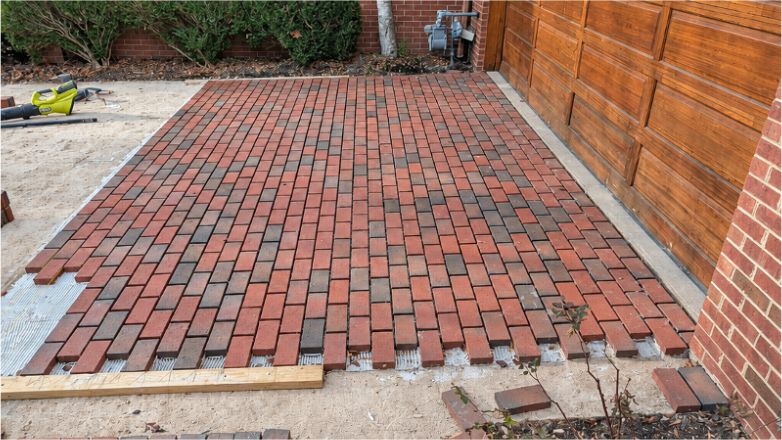 Red and black brick patio under construction beside a wooden fence and brick wall