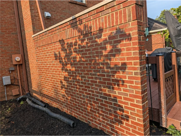 Brick garden wall with leaf shadows beside a house and gate