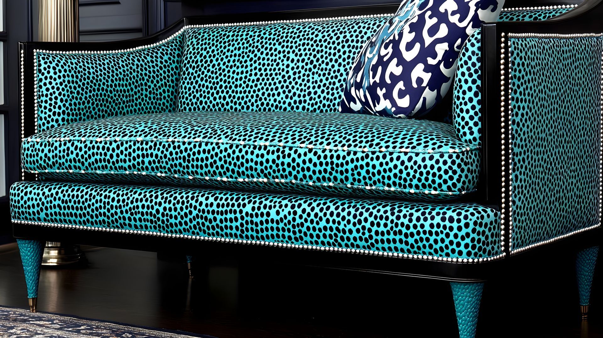 A blue couch with a blue pillow on it is sitting on a rug.