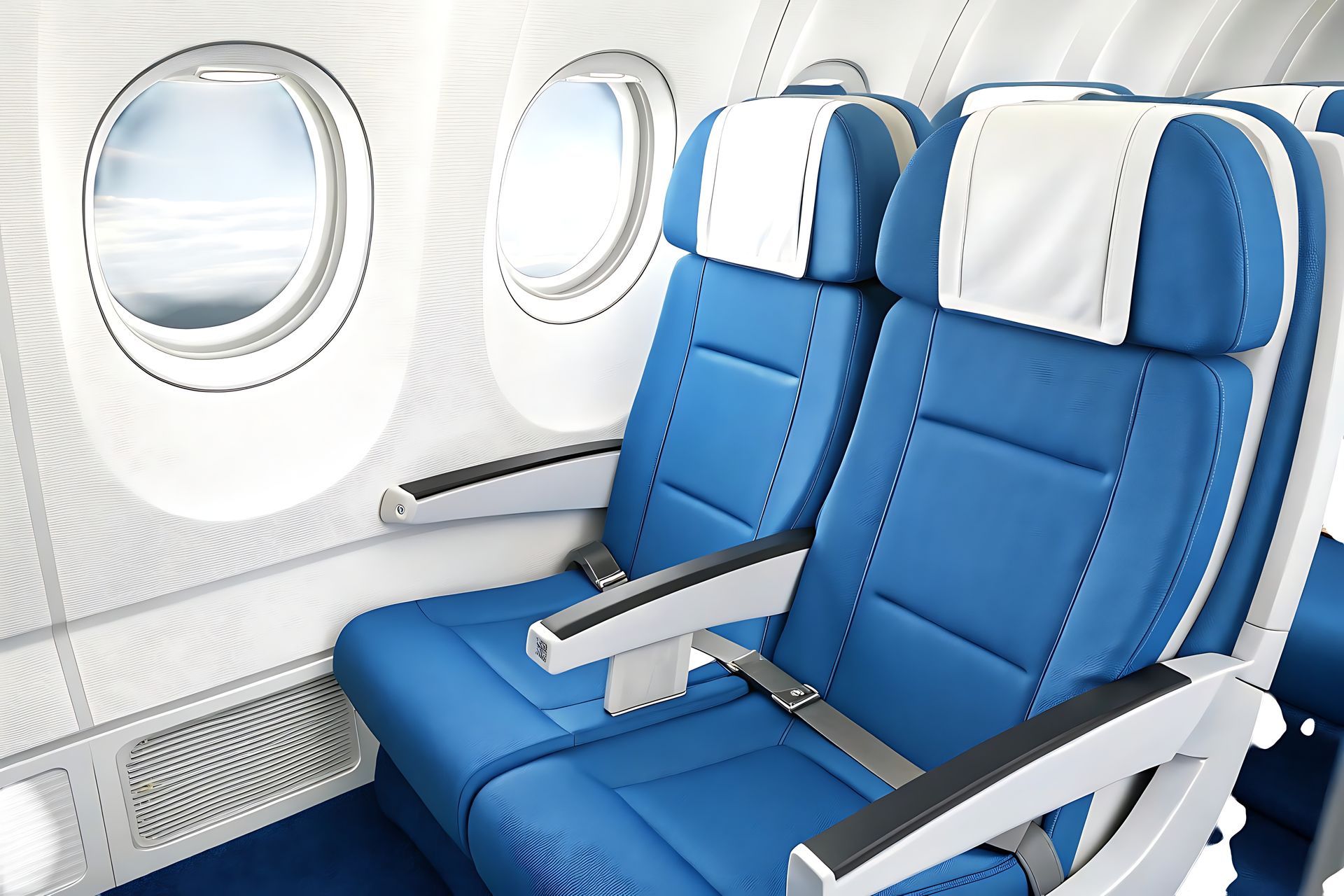 An airplane with blue seats and white headrests