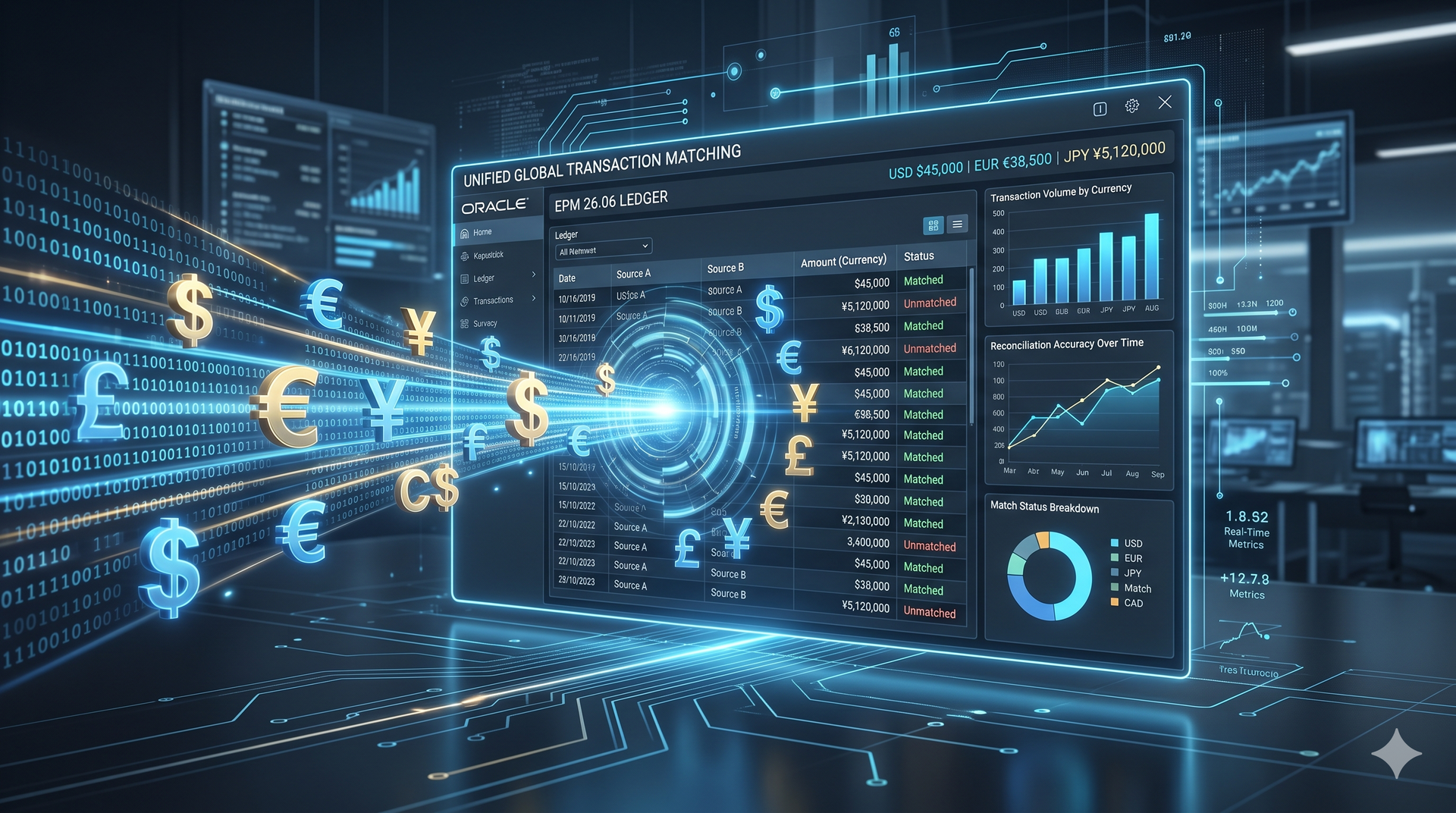 A digital financial dashboard showing glowing currency symbols like USD, EUR, and JPY