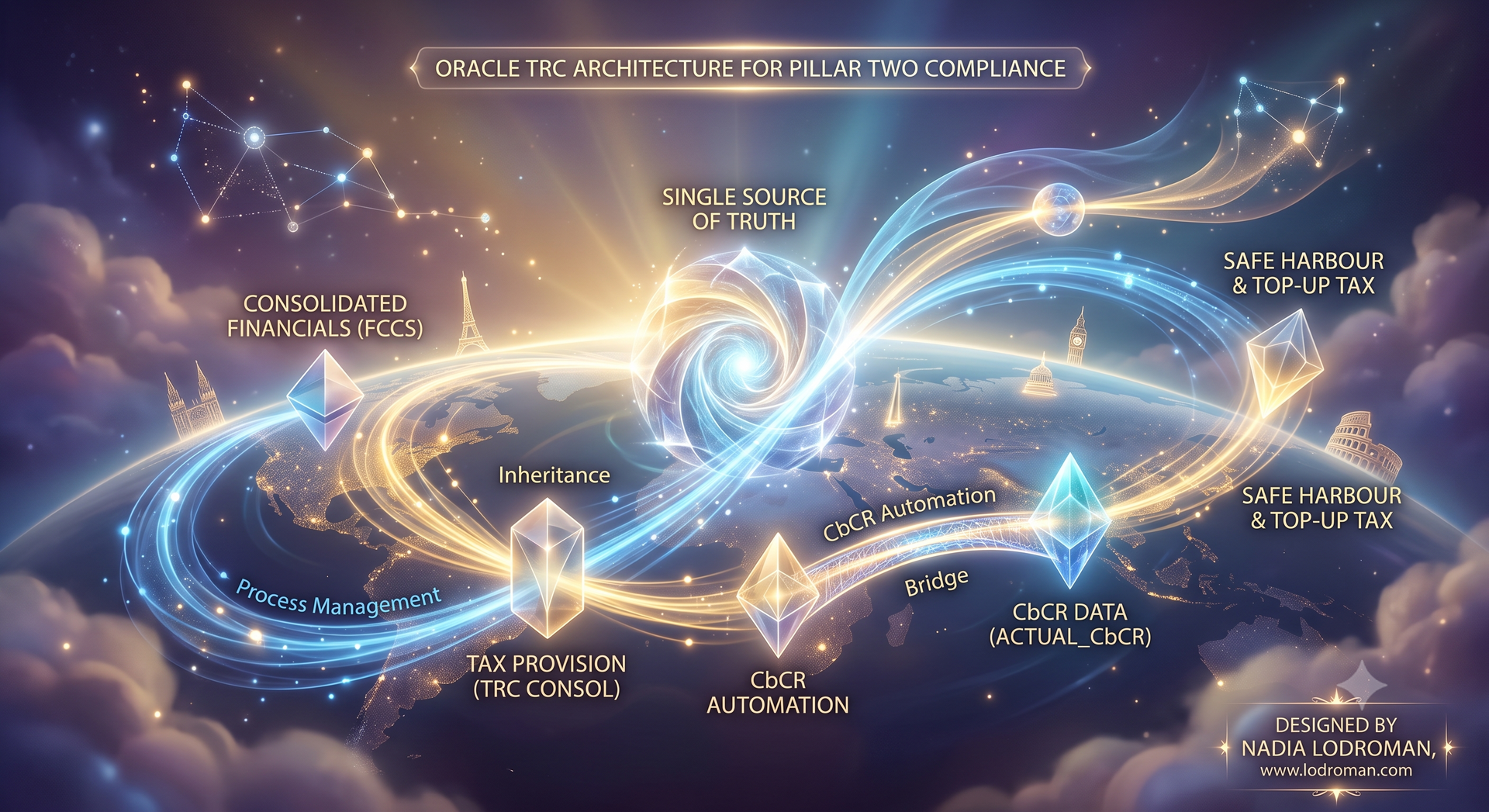 Flowchart detailing the data load, tax automation rules, consolidation stages, and data status trace