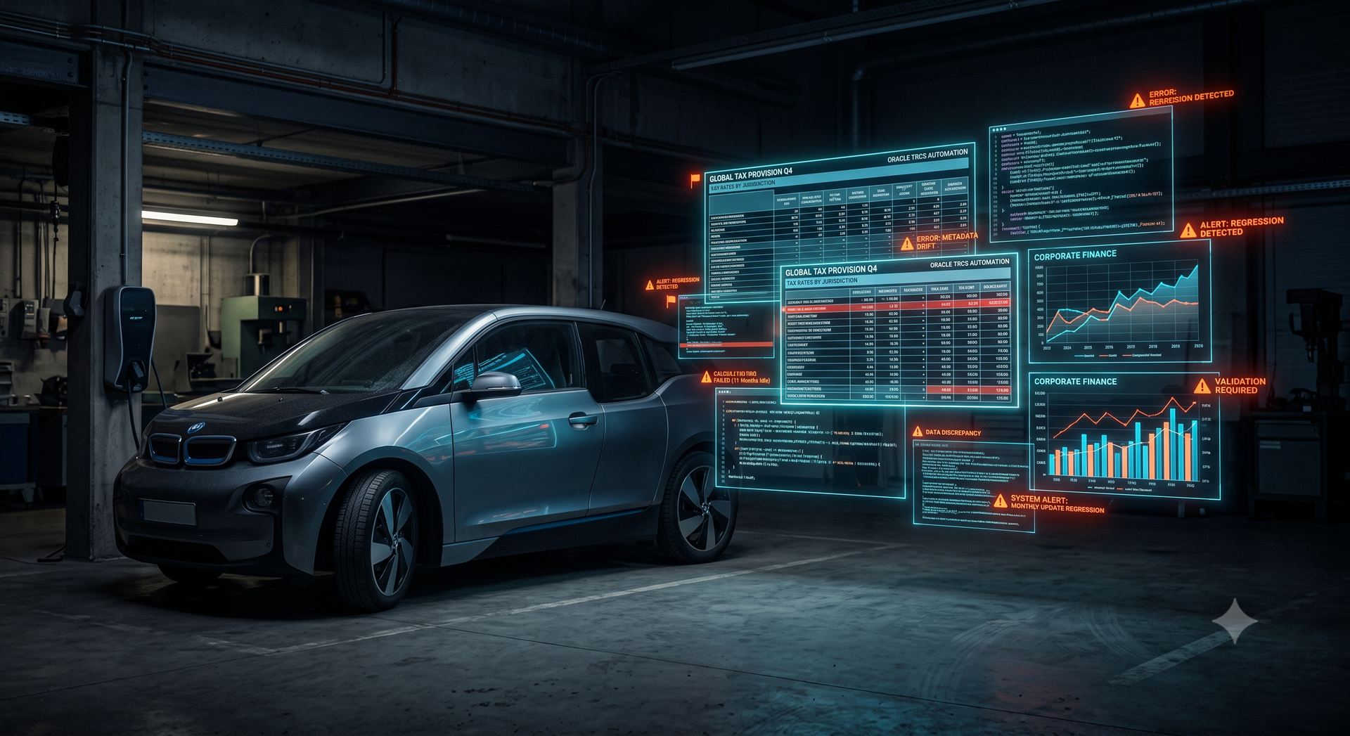 A sophisticated electric car parked in a digital garage with financial charts showing data errors.
