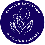 Blue circle logo with white outline of a mother holding a baby. Text reads "Stanton Lactation & Feeding Therapy."