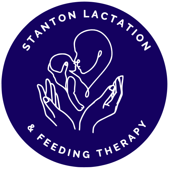 Blue circle logo with white outline of a mother holding a baby. Text reads "Stanton Lactation & Feeding Therapy."