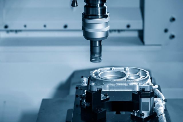 Usinage d'une pièce métallique par une machine CNC dans un atelier industriel éclairé à la lumière bleue