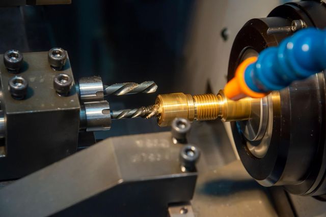 Une machine CNC découpe une pièce en laiton à l'aide d'un foret et d'une buse de refroidissement bleue.