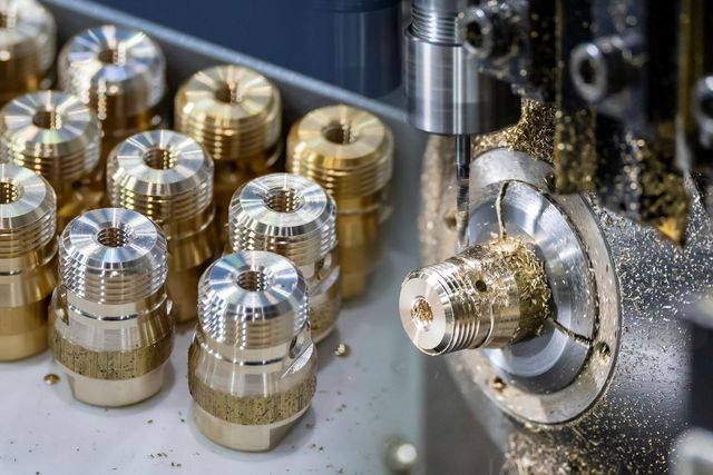 Machine CNC usinant des pièces métalliques avec des composants en laiton brillant et des copeaux de métal dans un atelier