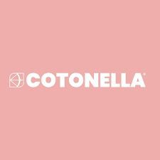 Logo Cotonella in lettere bianche e disegno astratto su sfondo rosa.