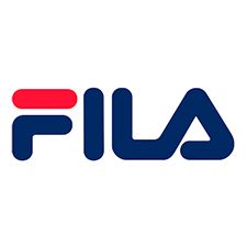 Logo Fila: testo blu con accento rettangolare rosso.