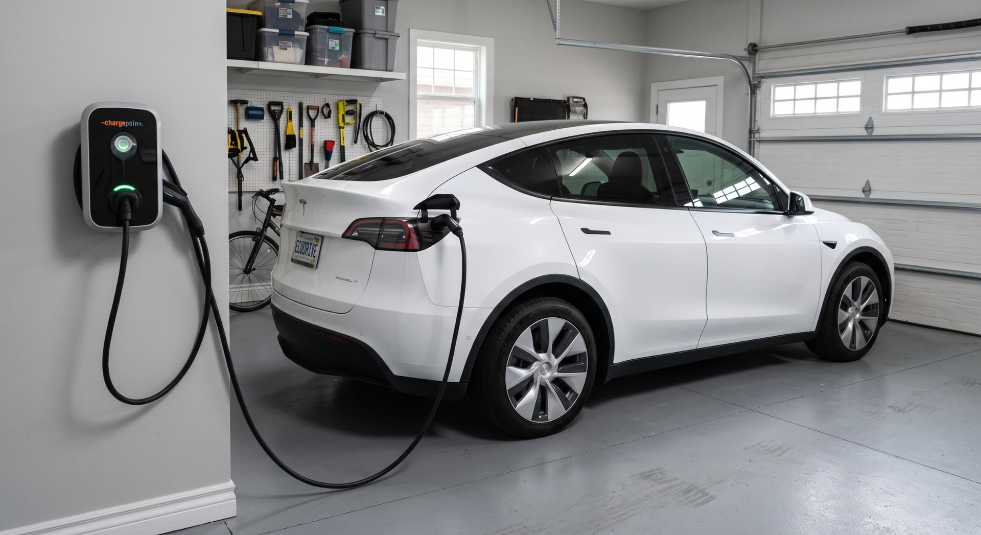 Level 2 home EV charger plugged into an electric vehicle in a garage