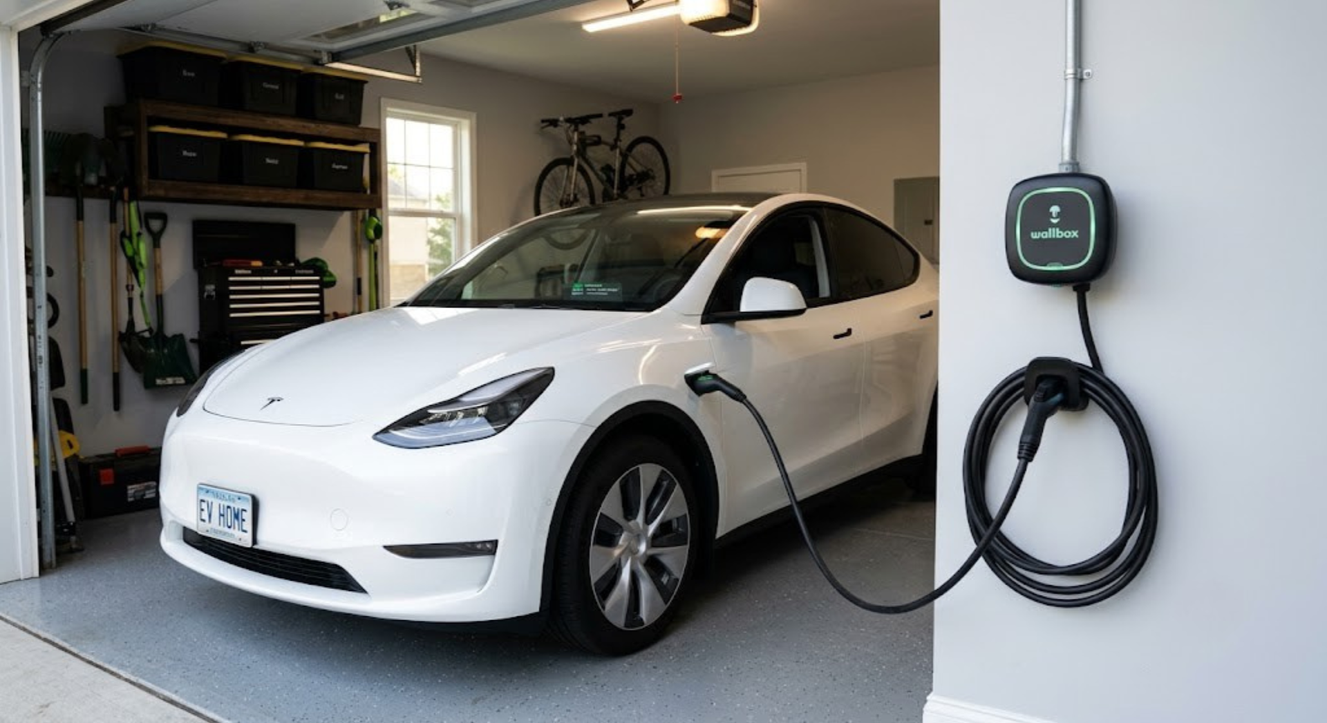 Level 2 home EV charger plugged into an electric vehicle in a garage