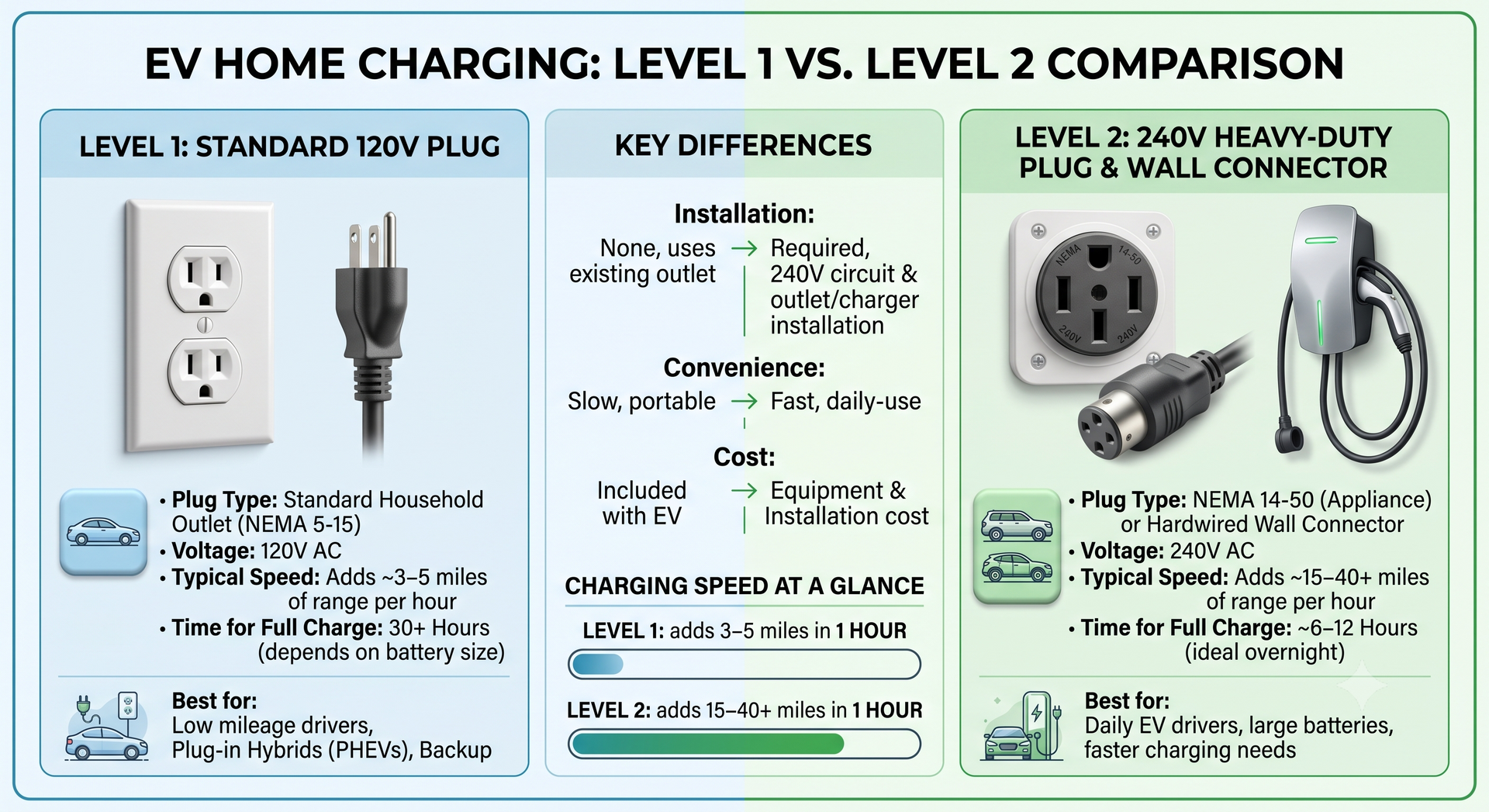 Comparison graphic showing Level 1 vs Level 2 EV charger home plugs and charging times