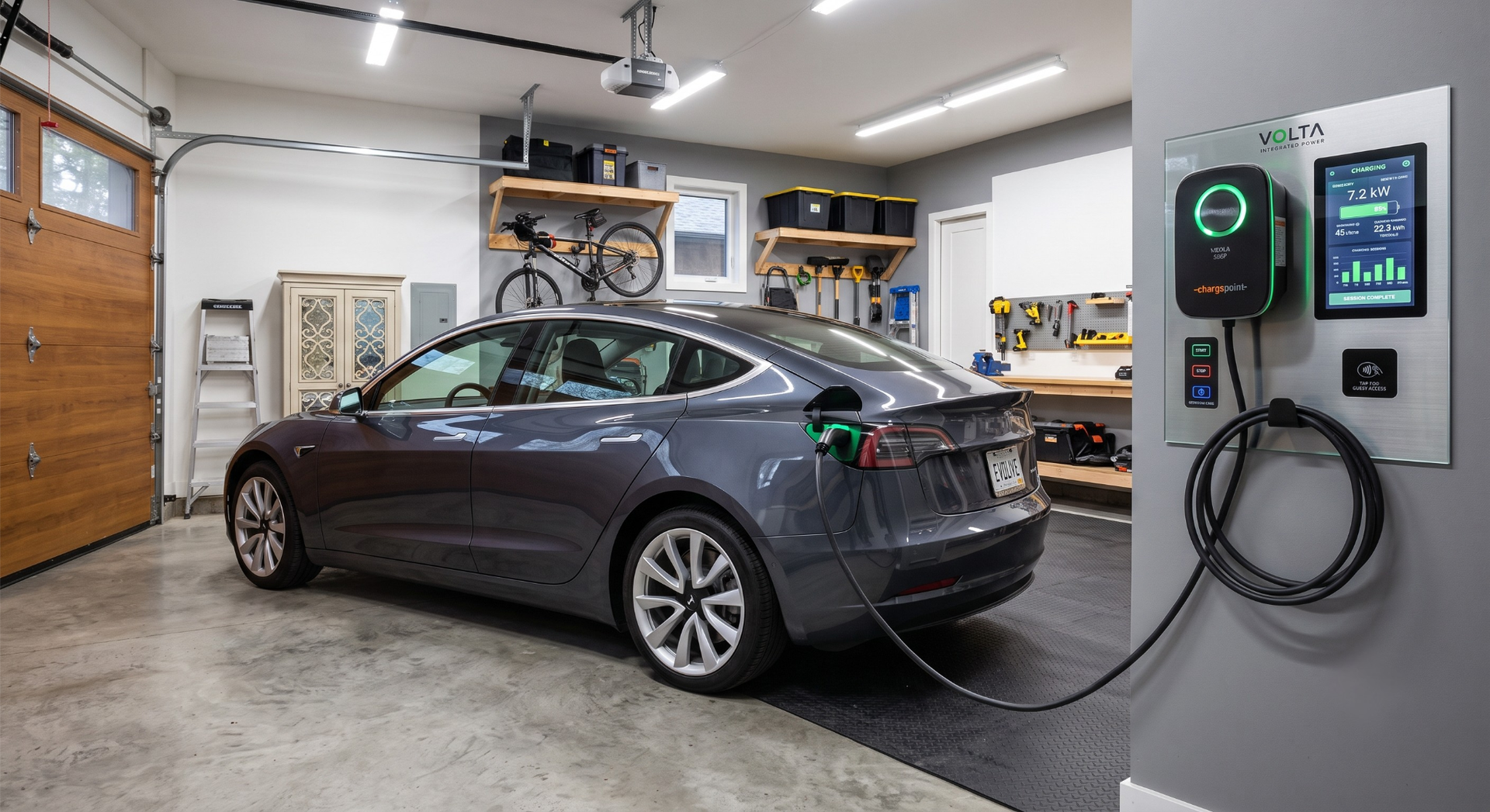 Level 2 home EV charger Panel plugged into an electric vehicle in a garage