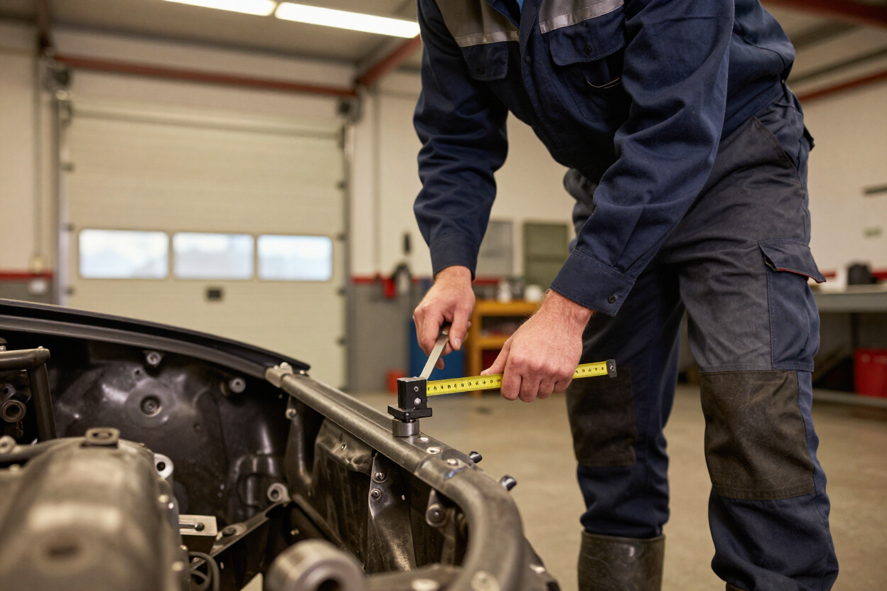 Tradesperson inspecting a chassis rail at Tandem Drive workshop