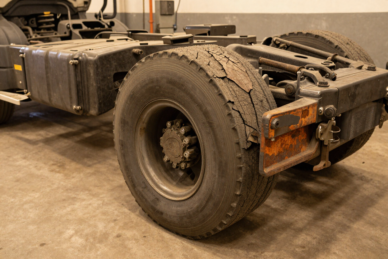 Worn leaf springs and cracked suspension bushes on a heavy truck rear axle