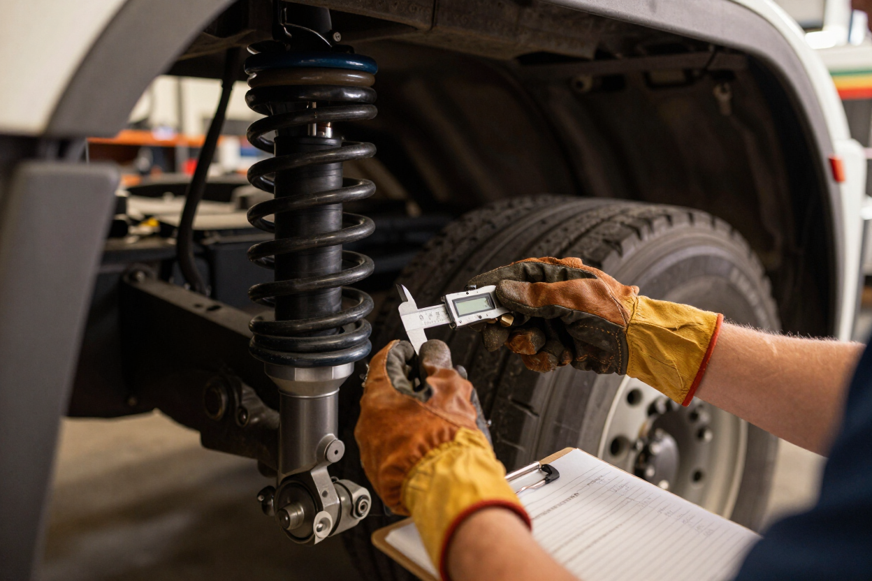 Tradesperson examining air bag suspension on a semi-trailer undercarriage during a pre-purchase inspection