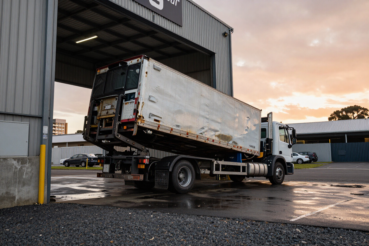 Flatbed tow truck delivering a damaged semi-trailer to the Tandem Drive workshop in Nunawading