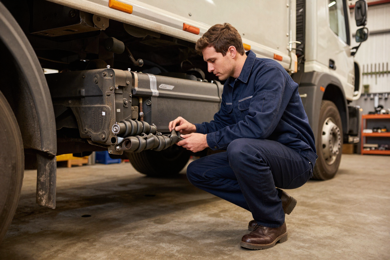 Technician inspecting a chassis fault beneath a commercial truck at the Tandem Drive workshop