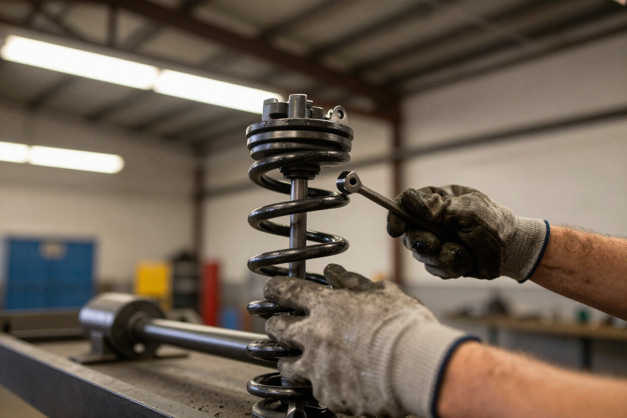 Tradesperson working on trailer suspension components in the workshop