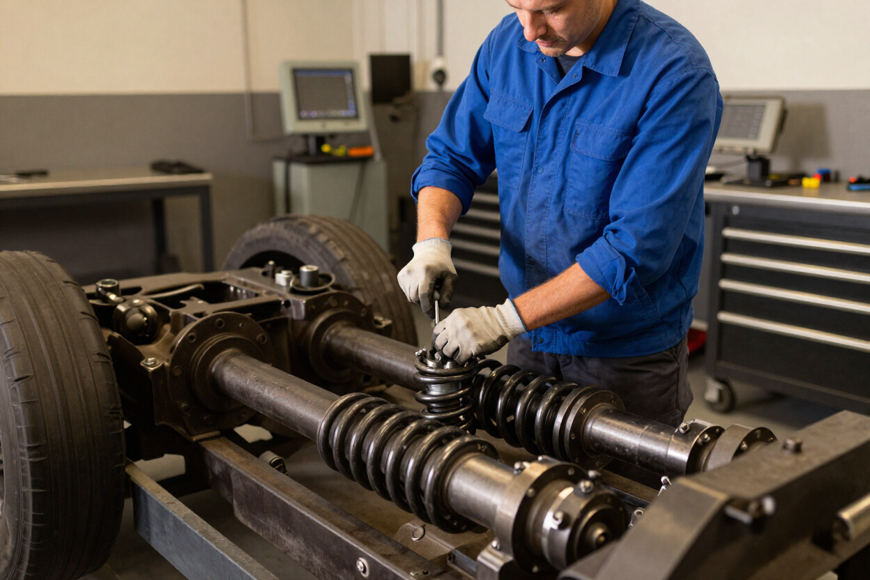 Tandem Drive technician fitting new suspension components on a commercial truck axle in the Nunawading workshop